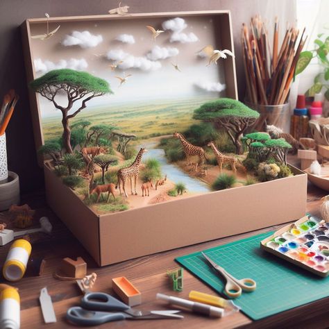 How To Make Diorama, Diorama Animal Habitat, Forest Diorama Shoebox School Projects, Forest Model School Project, Habitat Diorama Ideas For Kids, Diorama Ideas Diy, Savanna Diorama, School Diorama, Diaroma Ideas