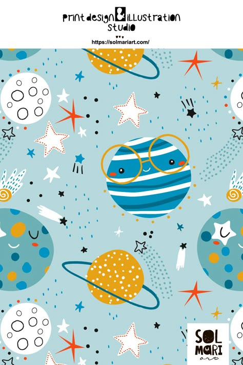 Space Pattern Illustration, Kids Prints Pattern Fabrics, Kids Prints Design, Space Illustration Kids, Kids Illustration Book, Kids Wallpaper Pattern, Children Graphic Design, Kids Pattern Design, Childish Design