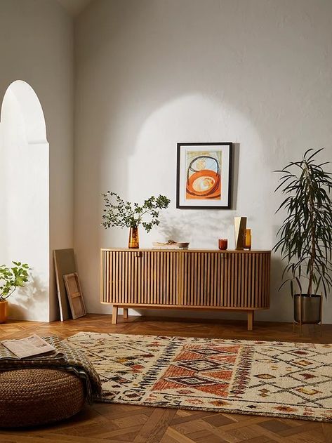 Oak Sideboard Living Room, Slatted Sideboard, Cupboard Sections, Slat Sideboard, Light Oak Furniture, Tv Stand Sideboard, Oak Tv Stand, Japandi Living Room, Stiffkey Blue