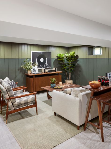 5 Decor Trends to Steal from the 2021 Real Simple Home—Including the 'It' Color of the Year Emily Henderson Basement, Vintage Basement Ideas, Mid Century Basement, Basement Paint, Long Narrow Living Room, Dark Basement, Cozy Homes, Narrow Living Room, Basement Reno