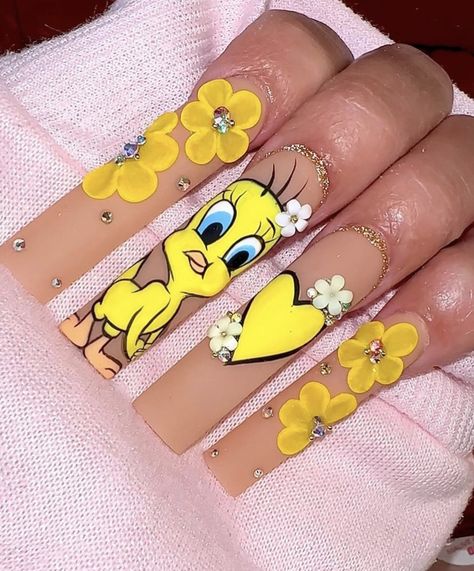 Nail Designs Cartoon, Thumper Nails, Character Acrylic Nails, Tweety Nails, Looney Tunes Nails Acrylic, Cartoons Nails, Tweety Bird Nails, Tweety Nails Design, Tweety Bird Nail Art