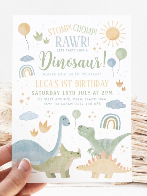 Dinosaur Stomp Chomp Rawr 1st Birthday Party Boy Invitation Stomp! Chomp! Rawr! Party like a dinosaur! Boy's Dino 1st Birthday invitation - The perfect theme for your little boy's first birthday party #birthdayinvitationcard #birthday #happybirthday #birthdaycards Dino 1st Birthday, 1st Birthday Party Boy, Dinosaur Stomp, Birthday Party Boy, Dinosaur Birthday Party Invitations, Boys First Birthday Party Ideas, Baby Birthday Decorations, Dinosaur Themed Birthday Party, Baby Birthday Themes