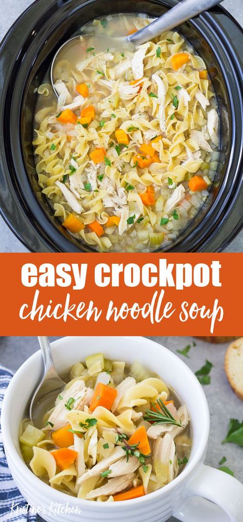 Crock pot Chicken Noodle Soup - the BEST easy homemade chicken noodle soup recipe! This simple slow cooker soup is quick to prep and makes a comforting, healthy dinner. This from scratch crockpot soup is the perfect remedy for colds or any time you are feeling sick. #soup #slowcooker #crockpot #crockpotrecipes #chickenrecipes Crock Pot Chicken Noodle, Crock Pot Chicken Noodle Soup, Easy Homemade Chicken Noodle Soup, Crockpot Chicken Noodle Soup, Homemade Chicken Noodle Soup Recipe, Chicken Soup Crockpot, Chicken Noodle Soup Recipe Homemade, Chicken Noodle Soup Crock Pot, Chicken Noodle Soup Recipe