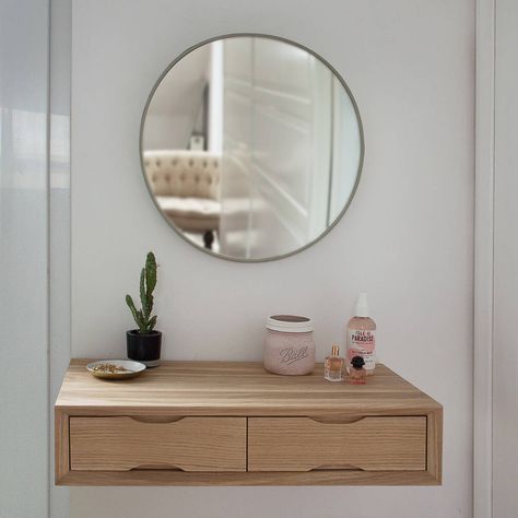 Office Hygge, Floating Dressing Table, Built In Dressing Table, Work Corner, Floating Drawer, Small Dressing Table, Floating Bedside Table, Dressing Room Decor, Elegant Vanity