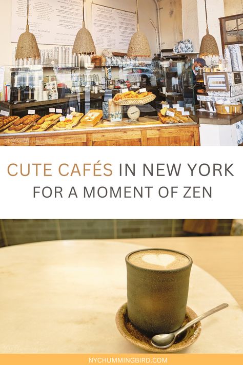 Cute Cafés in New York for a Moment Of Zen, a coffee cup with latter art and a view of the counter with pastries at one of NYC's cute coffee shops New York Eats, Vegan Pastries, Cute Coffee Shop, Pretty Coffee, Cozy Coffee Shop, Vegan Chocolate Chip Cookies, Places In New York, Cute Cafe, Healthy Bites