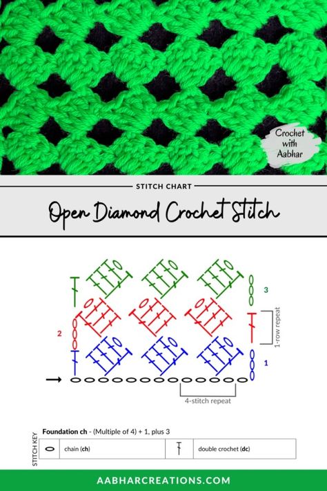 Open Diamond Crochet Stitch | Crochet with Aabhar | Aabhar Creations Crochet Stitch Chart, Diamond Crochet, Crochet Yarns, Crochet Stitches Chart, Crochet Charts, Crochet Needlework, Crochet Stitches Guide, Crochet Stitches Diagram, Crochet Stitches Free