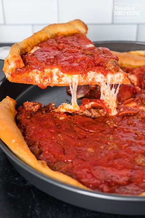 This Gino's Deep Dish Chicago Style Pizza Copycat is so incredibly good. It's loaded with melty cheese on bottom, then topped with meat and marinara sauce. #Ginos #GinosEast #GinosEastPizza #GinosCopycat #pizza #pepperoni #deepdishpizza #deepdish #pizzasauce #pizzacrust #Chicagopizza #ChicagoDeepDish #cheese #Chicago #bestpizza #recipe #pizzarecipe Chicago Deep Dish Pizza Recipe, Pizza Chicago, Chicago Deep Dish, Chicago Style Deep Dish Pizza, Deep Dish Pizza Recipe, Chicago Deep Dish Pizza, Chicago Style Pizza, Chicago Pizza, Pizza Sauce Recipe