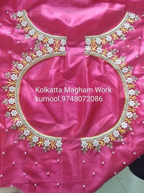 Moti work blouse Muthyam Work Blouse Designs, Moti Hand Work Blouse Design, Pot Neck Maggam Work Designs, Pani Work Blouse Designs, Moti Work Blouse Designs, Pearl Work Embroidery Blouses, Moti Work Blouse, Pot Neck, Maggam Blouses