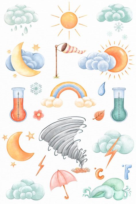 Seasons Clipart, Umbrella Clipart, Rain Clipart, Kawaii Weather, Cloud Clipart, Weather Clipart, Sun Clipart, Rainbow Clipart, Unicorn Illustration