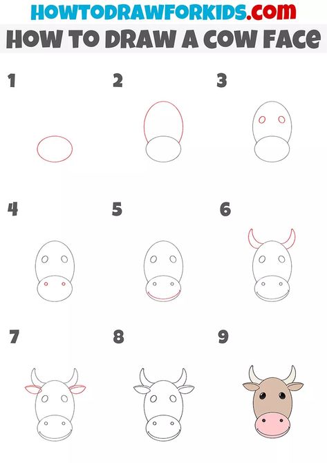 Cow Face Drawing, Cartoon Cow Face, Cow Drawing Easy, Draw A Cow, Face Drawing Easy, Cartoon Drawing For Kids, Simple Face Drawing, Very Easy Drawing, Face Doodles