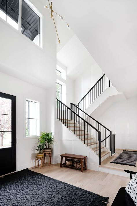 Entry Farmhouse, Black Framed Windows, U Shaped Staircase, White Homes, White House Interior, Framed Windows, House Staircase, Inspirational Decor, Light Wood Floors