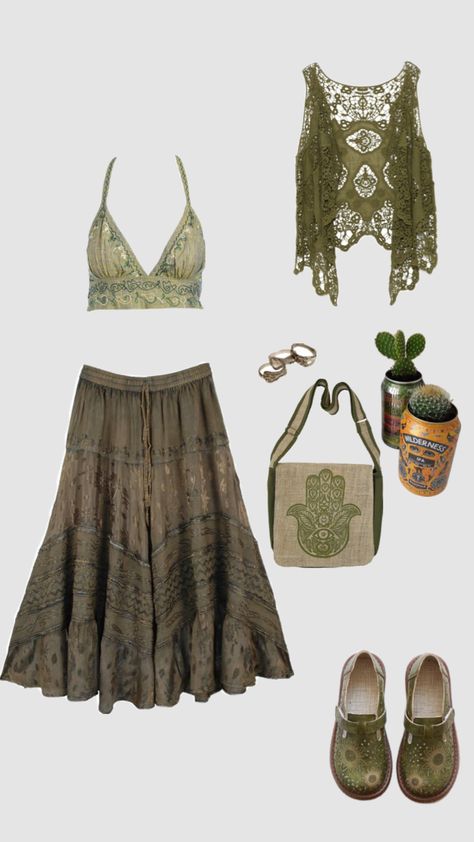 Cute green hippie outfit inspo #outfitinspo #iamabaldman #hippie #green #earth #earthy #greenhippie Earth Outfits, Hippie Outfit Inspo, Earth Core, Earthy Outfits, Future Clothes, Green Earth, B Fashion, Concert Fits, Fairy Dress