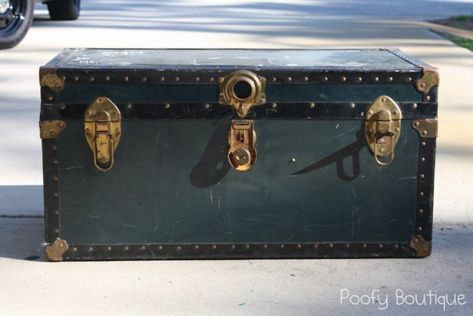 My Weekend Trunk Redo - Poofy Cheeks Old Trunk Redo, Antique Trunk Makeover, Steampunk Trunk, Trunk Redo, Steamer Trunk Coffee Table, Toy Trunk, Trunk Makeover, Vintage Steamer Trunk, Retro Luggage