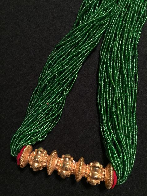 (Nepal) Tilhari - Nepalese women's Gold Necklace. Green glass beads, felt pads and Gold pendant. circa 19th - 20th century CE. Nepali Tilhari Design, Tilhari Design, Light Weight Gold Jewellery, Nepalese Jewelry, Nepal Jewelry, Nepali Jewelry, Rajputi Jewellery, Gold Jewelry Simple Necklace, Women's Necklace