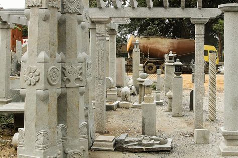 Variety of pillars and decorative columns carved out of stone. Tulsi Pot, Chettinad House, Psd Free Photoshop, Decorative Columns, Indian Temple Architecture, Stone Landscaping, Pillar Design, Decorative Stand, Stone Pillars