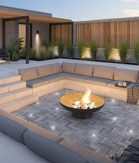 Modern | Techo-Bloc Sunken Fire Pits, Backyard Buildings, Patio Garden Design, Outdoor Gardens Design, Modern Patio, Outdoor Decor Backyard, Modern Landscaping, Terrace Garden, Outdoor Fire