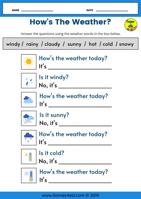 This ESL worksheet is for teaching weather vocabulary to kids and beginner English language learners.   Students should fill in the blank space with the correct weather word Weather Esl, Conversation For Kids, Esl Worksheets For Beginners, Weather For Kids, English Conversation For Kids, Teaching Weather, Weather Worksheets, Weather Vocabulary, Teach English To Kids