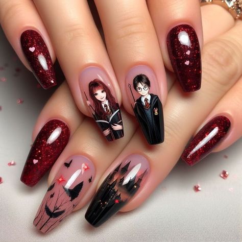 Harry Potter Nail Art Gryffindor, Gryffindor Nails Harry Potter, Harry Potter Acrylic Nails Gryffindor, Harry Potter Nails Gryffindor, Dark Red And Black Nails, Gryffindor Nails, Hogwarts Nails, Harry Potter Nails Designs, Red And Black Nails