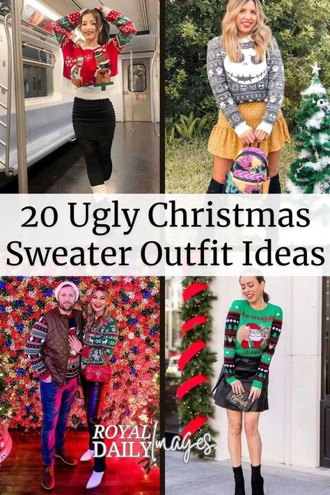 Ugly Christmas Sweater Outfit Inspiration Tacky Holiday Outfits, Styling Christmas Sweater, Fun Christmas Outfits Women, Ugly Christmas Sweaters Outfit Fashion, Ugly Sweater Outfit Women, Ugly Sweater Outfit Ideas, Cute Ugly Sweater Outfits, Ugly Christmas Sweaters Outfit, Best Ugly Christmas Sweater Ideas