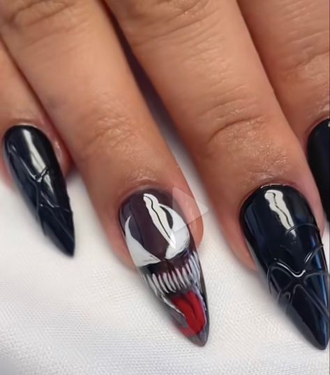 Black Spiderman Nails Acrylic, Vemon Spiderman Nails, Venom Nails Designs, Venom And Spiderman Nails, Miles Morales Nails Designs, Spider Man And Venom Nails, Black Spiderman Nails, Venom Inspired Nails, Venom Nails Acrylic