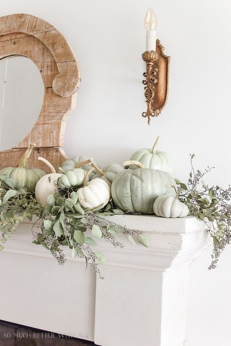 DIY Heirloom Pumpkin Tutorial @ So Much Better with Age CELERY GREEN PUMPKINS Heirloom Pumpkins, Fall Mantle, Easy Fall Decor, Pumpkin Garland, Decorating Diy, Foam Pumpkins, Fall Inspiration, Fall Mantel Decorations, Fall Mantel