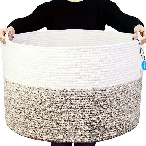 Casaphoria XXXLarge Cotton Rope Basket for Living Room - Woven Storage Basket with Handle for Blankets, Towels and Pillows Laundry Hamper | White and Brown (22" x 22" x 14") $19.62 (reg 29.61) w/Prlme Price subject t0 change at any time Commissi0ns earned Rope Blanket, Towel Basket, Cotton Rope Basket, Large Laundry Basket, Pillow Storage, Baby Laundry, Big Basket, Cat Basket, Toy Storage Baskets