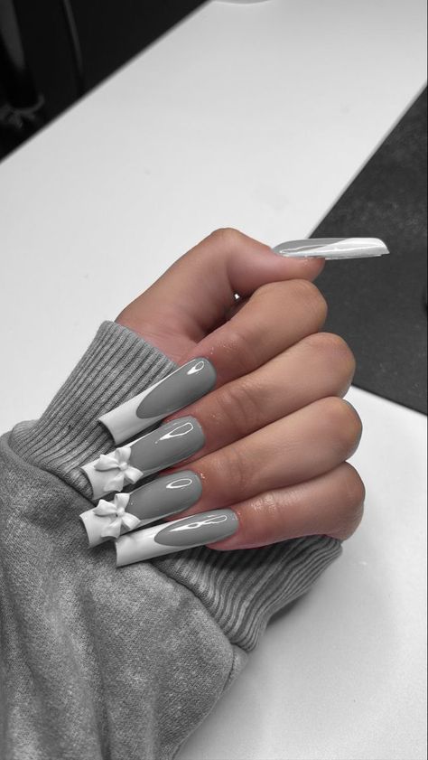 Grey Acrylics, Grey French Tip Nails, Grey Acrylic Nails, French Tip Nails, Nail Tips, Nail Inspo, Acrylic Nails, Nails