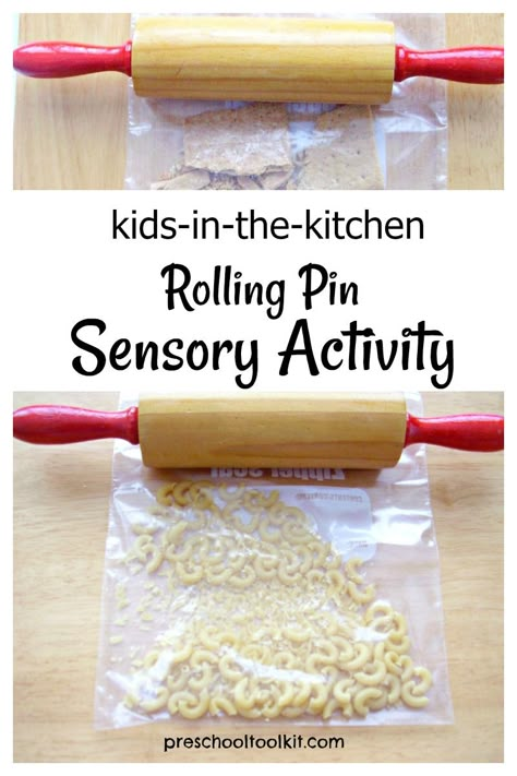 Kids can play and learn in the kitchen with a rolling pin mess-free activity. #earlylearning #prekactivity Kids In The Kitchen, Easy Toddler Activities, Sensory Activities Toddlers, Nursery Activities, Food Activities, Sensory Activity, Toddler Sensory, Easy Toddler, Daycare Activities