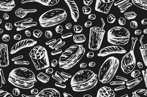 Vector vintage fast food seamless pattern. Hand drawn monochrome junk food illustration with pizza, burger, french fries and hot dog. Great for menu, poster or restaurant background. Burger Pattern Illustration, Fast Food Wallpaper, Vintage Fast Food, Burger French Fries, Burger Vector, Restaurant Background, Menu Poster, Pizza Burger, Food Doodles