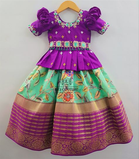 Kids collection from eva coutute Patty Pavadai Designs, Patu Langa Designs For Kids, Pattu Pavadai Aari Work For Kids, Kids Pattu Langa Blouse Designs Maggam Work, Pattu Pavadai Kids Blouse Designs, Pattu Pavadai Designs, Langa Blouse, Baby Fancy Dress, Pattu Pavadai