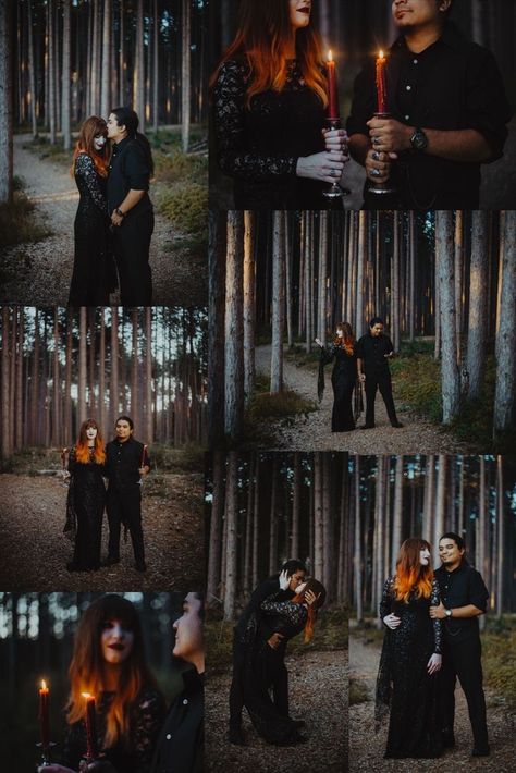 Goth Fall Family Photos, Spooky Family Photo Shoot, Spooky Couple Photoshoot, Black Wedding Inspiration, Halloween Elopement, Goth Engagement, Gothic Family, Spooky Couple, Spooky Shoot