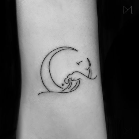 Moon, Wave & Birds Linework Tattoo Moon With Birds Tattoo, Wave And Bird Tattoo, Crescent Moon Wave Tattoo, Moon And Bird Tattoo, Ocean And Moon Tattoo, Moon Ocean Tattoo, Moon Tattoo Forearm, Wave And Moon Tattoo, Moon And Waves Tattoo