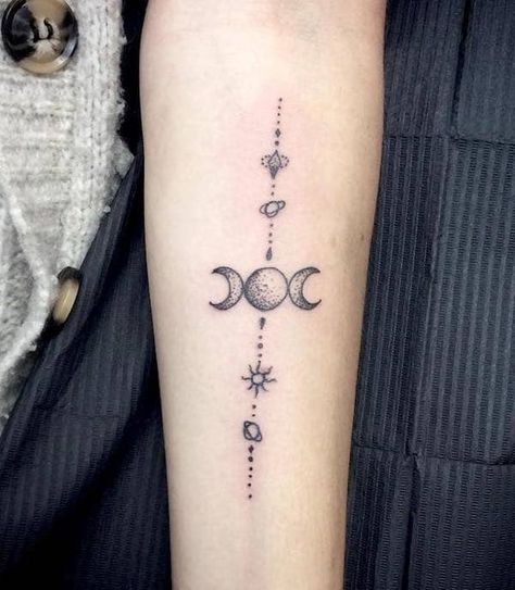 A symbolic Triple Moon forearm tattoo by @nuriafortunytattoo- Wicca symbol tattoos Triple Moon Tattoo, Wicca Tattoo, Pentagram Tattoo, Witchcraft Tattoos, Element Tattoo, Pagan Tattoo, Small Moon Tattoos, Wiccan Tattoos, Elements Tattoo