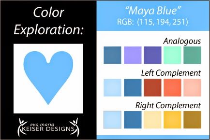 Explore Color: Maya Blue - Eva Maria Keiser Designs Color Exploration, Dark Sea Green, Alice Blue, Dim Gray, Colour Theory, Skin Colors, Color Meanings, Misty Rose, Color Harmony