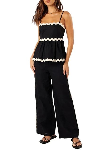 $39.85 USD + Shipping = Peplum Cami Top & Pants Set with Ric-Rac Contrast for Women https://pekosa.com/products/womens-peplum-cami-top-pants-set-with-ric-rac-contrast Pekosa Women Fashion #twopiecesetoutfit #pantssetoutfit #trendyoutfitset Sleeveless Crop Tops, Dirndl Outfit, Mid Waist Pants, Spaghetti Strap Crop Top, Bandeau Tops, 1920s Flapper Dress, Rock Outfit, Elegant Aesthetic, Plunge Dress