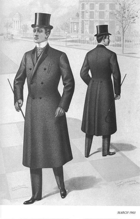 The frock coat is similar to the chesterfield coat with the difference of is more cinched to the waist has pleats in the back similar to a tailcoat. Victorian Mens Clothing, 1880s Fashion, Western Outfits Men, Frock Coat, Fitted Coat, Mens Fashion Classy, Fashion History, Victorian Era, Fashion Classy