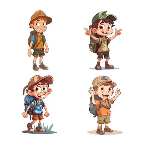 Vector a set of four illustrations of a ... | Premium Vector #Freepik #vector Adventurer Illustration, Adventurer Character Design, Art Brainstorm, Adventure Character, Simple Characters, Annoying Kids, Forest Cartoon, Student Cartoon, Bag Illustration