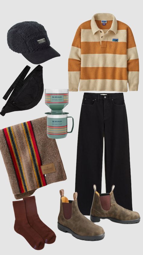 Sweater: Patagonia Pants: Madewell perfect vintage wide-leg Shoes: Blundstone Accessories: LL Bean (hat), Baggu (bag & socks), Pendleton (blanket), Stanley (coffee set) Baggu Bag, Baggu Bags, Pendleton Blanket, Patagonia Pants, Coffee Set, Outdoor Outfit, Ll Bean, Your Aesthetic, Patagonia