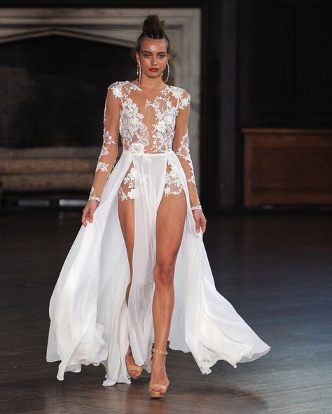 Wedding Bodysuit, Split Wedding Dress, Worst Wedding Dress, Simple Long Sleeve Dress, Berta Wedding Dress, Sheer Wedding Dress, Illusion Dress, Bridal Fashion Week, Long Sleeve Wedding