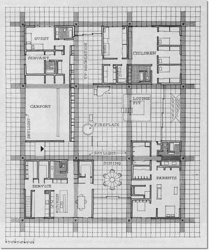 Floor plan for the Miller house, Columbus, Indiana, designed by Eero Saarinen & Assoc. Archival Fine Art Paper Print Eero Saarinen Architecture, Robert Mallet Stevens, Miller House, Columbus Indiana, Piscina Interior, Miller Homes, Walter Gropius, Eero Saarinen, Alvar Aalto