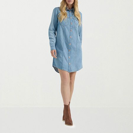 Wranglers denim shirt dress features 100% cotton fabrication, 2 chest snap pockets with w embroidery on front pockets and 2 side slip pockets.Closure Type: Pullover HeadNeckline: Collar NeckPockets: 2 Front Button Pockets, 2 Front Slip PocketsSleeve Length: Long SleeveDress Length: Midi LengthFiber Content: 100% CottonFabric Description: DenimCare: Machine Wash, Tumble DryMaterial: CottonCountry of Origin: Imported Wrangler Denim Shirt, Style Shirt Dress, Medium Dresses, Denim Shirt Dress, Medium Dress, Shirt Dresses, Dress Shirts For Women, Womens Long Sleeve Shirts, Midi Shirt Dress