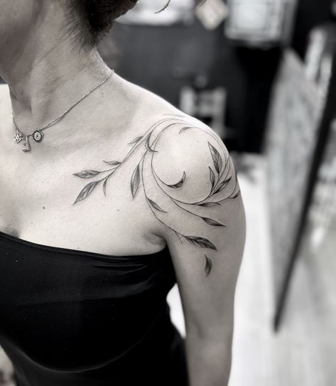 Shoulder Foliage Tattoo, Shoulder Leaf Tattoo, Bird Tattoo On Shoulder, Angelina Tattoo, Shoulder Chest Tattoo Female, Serenity Tattoo, Bird Shoulder Tattoos, Feminine Shoulder Tattoos, Wrap Around Wrist Tattoos