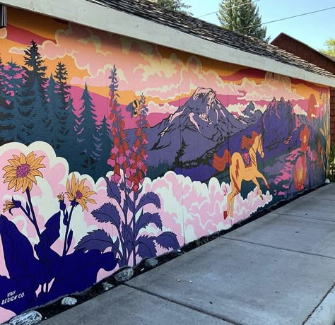 Nature Mural Painting, This Must Be The Place Mural, Painted Door Mural, Maximalist Mural, Outside Wall Painting, Public Mural, Backyard Murals, Outdoor Mural Ideas, Mural Art Ideas