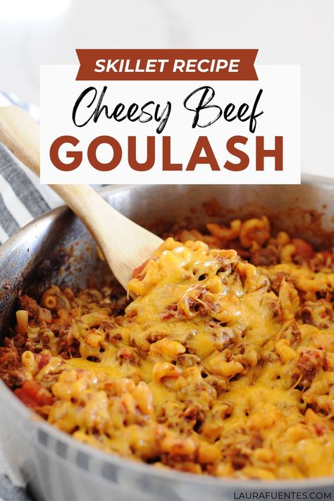 Smoky, hearty, cheesy goulash made with ground beef, paprika, tomatoes, and cheese, this one-pot meal is crazy simple and one dish everyone will love. Cheesy Baked Goulash Recipes, Spicy Goulash Recipes Ground Beef, Cheesey Goulash, Cheesy Goulash, Cheesy Beef Goulash, One Pot Cheesy Goulash, Classic Goulash Allrecipes, Beef Paprika, Tomatoes And Cheese