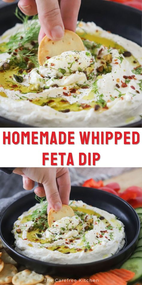 This lemon and garlic Whipped Feta recipe is super creamy and so easy to make. It’s the perfect party dip that can be made at the last minute or even the day before.Blended with the perfect combination of cream cheese and yogurt, it has the most creamy texture and vibrant flavors of fresh lemon juice, garlic, and sea salt. Whether you're serving it with pita bread, sliced baguettes, fresh veggies, or crackers, this Whipped Feta is guaranteed to vanish. Whipped Feta Dinner Recipes, Feta Sour Cream Dip, How To Whip Feta Cheese, Feta And Cream Cheese Dip, Spinach And Feta Dip, Roasted Feta Dip, Whipped Feta And Olive Dip, Lemon Whipped Feta Dip, Whipped Feta Veggie Dip