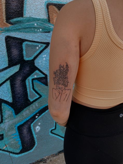 Headless Woman Tattoo, Flower Coming Out Of Head Tattoo, Blooming Head Tattoo, Tattoo Head With Flowers, Flowers Out Of Head Tattoo, Flowers Coming Out Of Head Tattoo, Still Growing Tattoos For Women, Growing Pains Tattoo, Flower Hair Tattoo