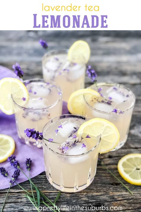 Lavender Tea Lemonade is a delicious and unique twist on classic lemonade!  Made with frozen lemonade and steeped lavender tea.  Garnish with sprigs of lavender and slices of fresh lemon. So easy and tasty! Bridgerton Brunch, Bridgerton Tea Party, Bridgerton Party, Lavender Recipes, New Drink, Frozen Lemonade, Lavender Lemonade, Pink Cocktails, Infused Vodka