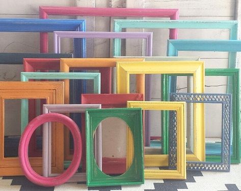 picture frame set , photo frame set, picture frames, farmhouse wall decor, wall collage layout, picture frames Rainbow Photo Frame, Kids Artwork Display, Colorful Picture Frames, Displaying Kids Artwork, Gallery Wall Frame Set, Picture Frame Gallery, Wall Frame Set, Toddler Playroom, Unique Gallery Wall