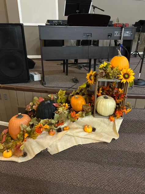 Autumn Stage Decorations, Fall Stage Decorations, Fall Decorations For Church Stage, Fall Stage Decorations Church, Fall Church Decorations Sanctuary, Fall Decor For Church Sanctuary, Fall Church Decor, Harvest Decorations For Church, Chapel Decorations