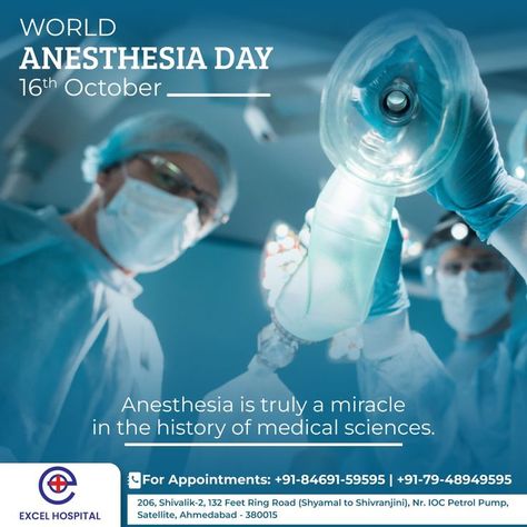 Let us take a moment to realize how important this day is in the history of medicine. The day, when Anesthesia was invented! It prevents patients from feeling pain during procedures like surgery, certain screening and diagnostic tests, tissue sample removal, and dental work. Wish everyone a very Happy World Anesthesia Day! #ExcelHospital #DrJoyAbraham #Gastroenterologist #DrAartiVazirani #Obstetrician #Gynecologist #WorldAnesthesiaDay2022 #WorldAnesthesiaDay #anesthesia #anesthesiology World Anesthesia Day, Anesthesia Day, History Of Medicine, Dental Work, Ring Road, Medical Science, The History, Surgery, Medicine